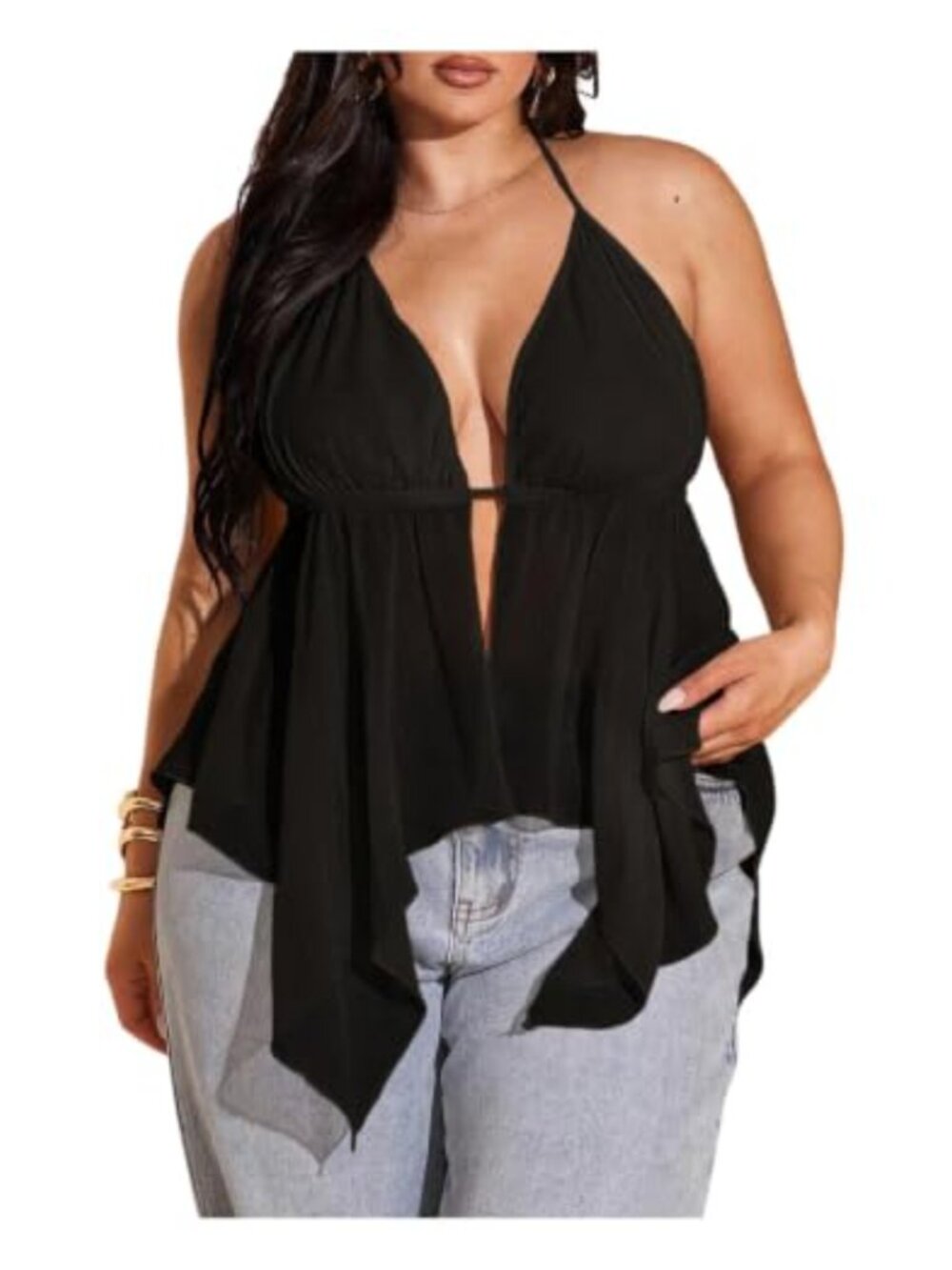 Plus Size Y2K Halter Top Deep V Neck Tie Back Sleeveless Asymmetric Flowy